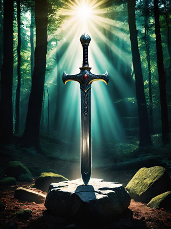 a sword on the stump in the forestの素材