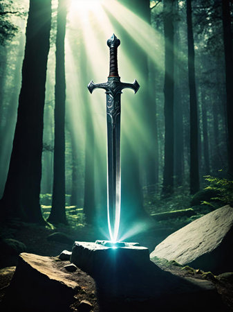 a sword on the stump in the forestの素材