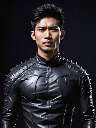 portrait of asian man in black leather jacket on dark backgroundの素材
