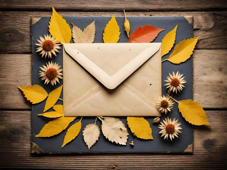 autumn background with blank paper and envelopeの素材