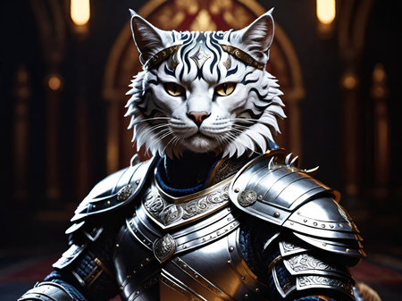 portrait of white cat with silver armorの素材