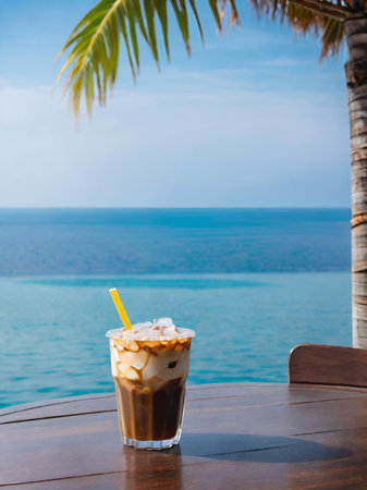 iced coffee with milk in the sea with blue skyの素材