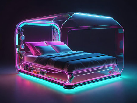 futuristic bed with light lines on a dark backgroundの素材