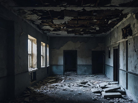 interior of an abandoned ruined building in the abandoned houseの素材