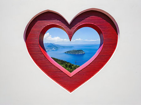 red heart with the window of the old building on the sea backgroundの素材