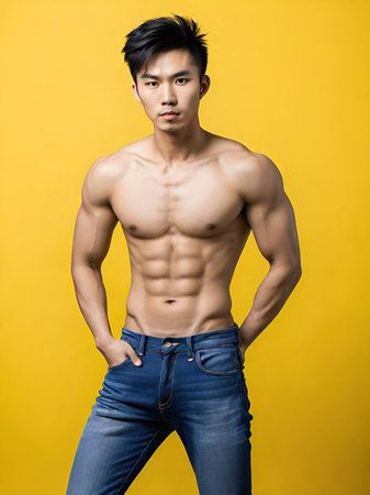 muscular asian man posing in studioの素材
