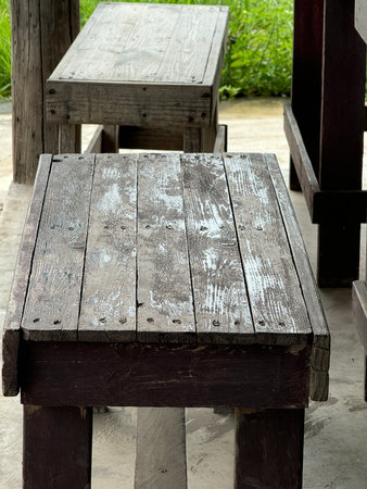 empty wooden table in the garden, copy space