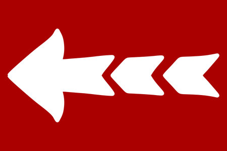 arrow icon. style is contour icon symbol, white color, red background.の写真素材