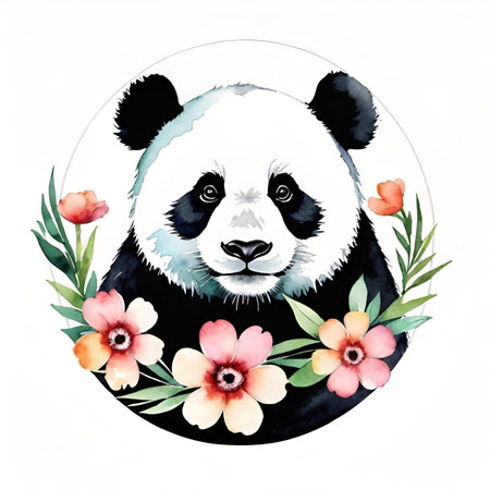 panda with flowers. watercolor illustrationの素材
