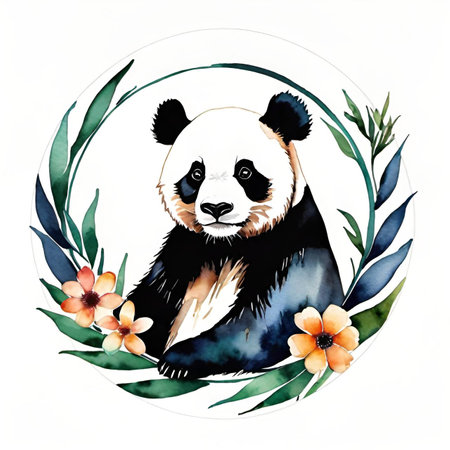 panda with flowers. watercolor illustrationの素材