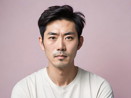 close up portrait of an asian man in a white t-shirtの素材
