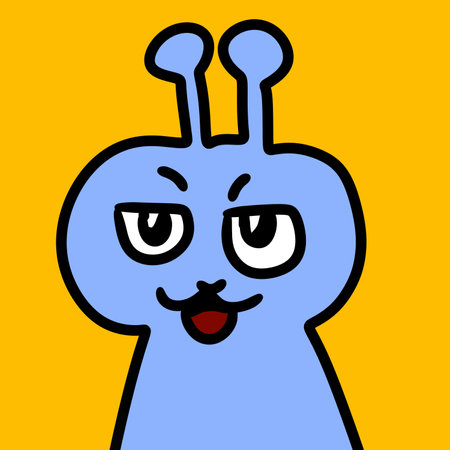 cute cartoon blue illustration of a cute monster with a big eyes, smiling, and a happy expression.