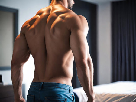 handsome shirtless young man standing in the bedroom.の素材