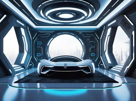 futuristic interior of bedroom with tv and bedの素材