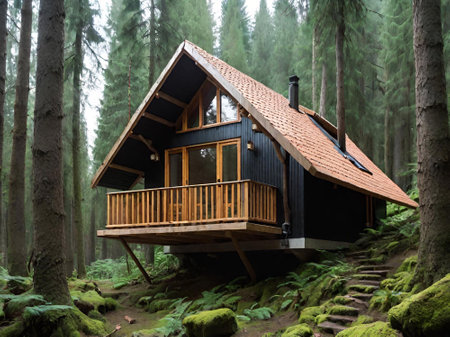 modern house with wooden door and forest in the middle of pine woodsの素材
