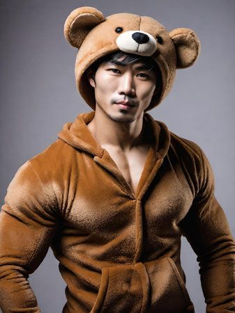 young asian man wearing teddy bearの素材