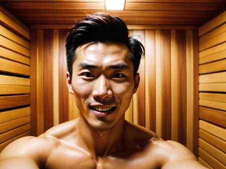 portrait of young asian man taking a selfie with his face.の素材