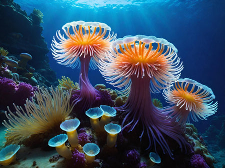 underwater scene of colorful sea anemone coralの素材