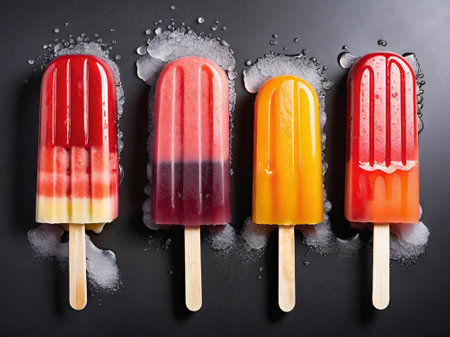 ice popsicles with fresh fruits and berries on a blue wooden backgroundの素材