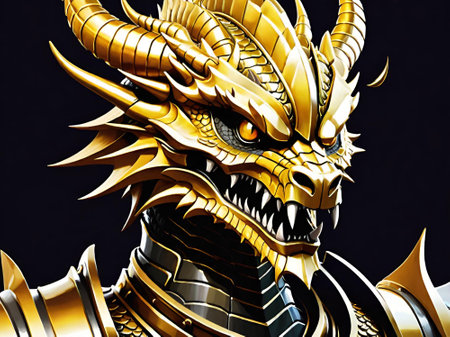 golden dragon in gold armor on black backgroundの素材
