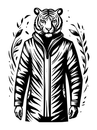tiger in a coat cartoon. black and whiteの写真素材
