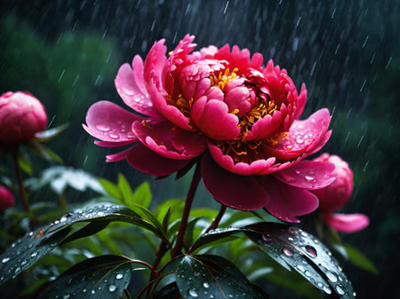 beautiful red peony with rain drops on black backgroundの素材