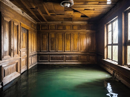 interior of a wooden house with floodedの素材