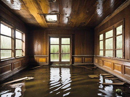 interior of a wooden house with floodedの素材