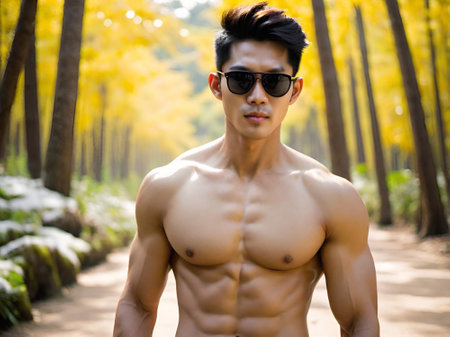 asian man with a muscular body and sunglassesの素材