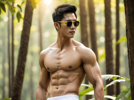 asian man with a muscular body and sunglassesの素材