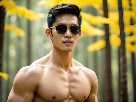 asian man with a muscular body and sunglassesの素材