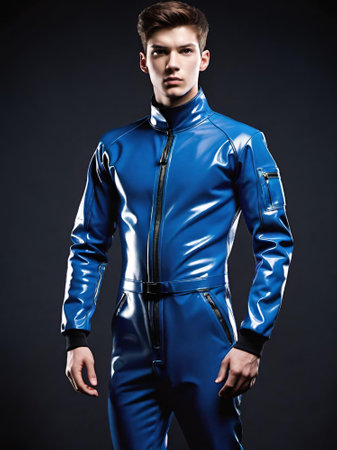 handsome man with leather suit posing on studio backgroundの素材