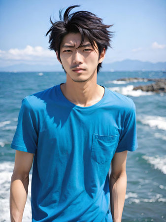 portrait of young handsome man with black hair on the background of sea.の素材