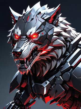 digital illustration of a robot wolf with red eyes and a black backgroundの素材