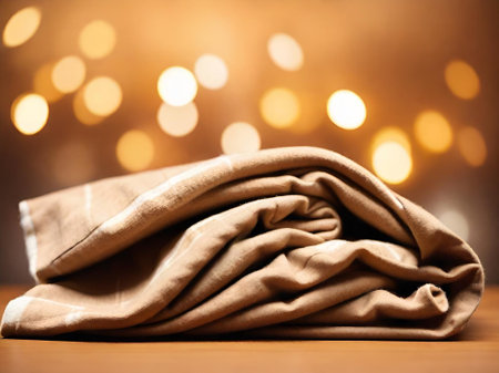 empty towels on table against blurred lights.の素材