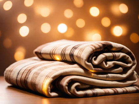 empty towels on table against blurred lights.の素材