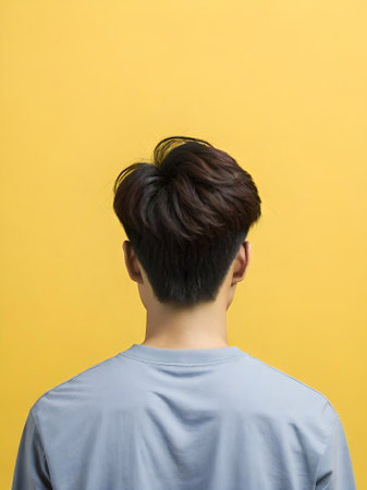 young man in a shirt on a yellow backgroundの素材