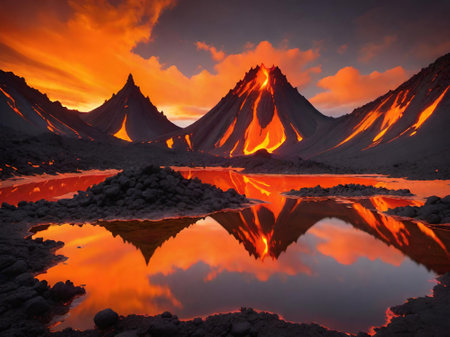 beautiful landscape with a mountain and a lavaの素材