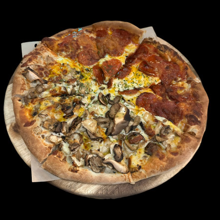 delicious pizza with cheese and mushroomsの写真素材