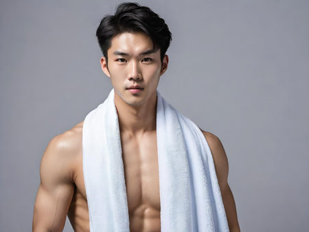 handsome asian young man posing with a towel on a gray backgroundの素材