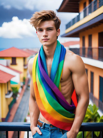portrait of young handsome man standing with rainbow flag on balconyの素材