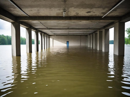 a flood with water and a bridge in a flooded area in the cityの素材
