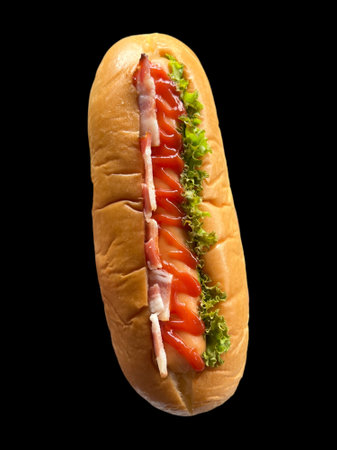hot dog with mustard and tomato isolated on black background.