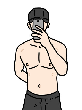 cartoon man taking selfie on white backgroundの写真素材