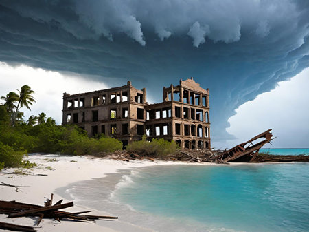 destroyed building in the seaの素材