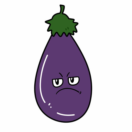 a cartoon illustration of a eggplant with sad expressionの写真素材
