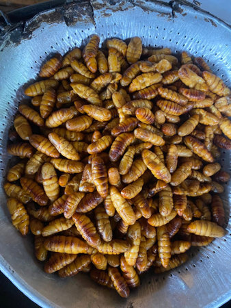 close up fried worm in market