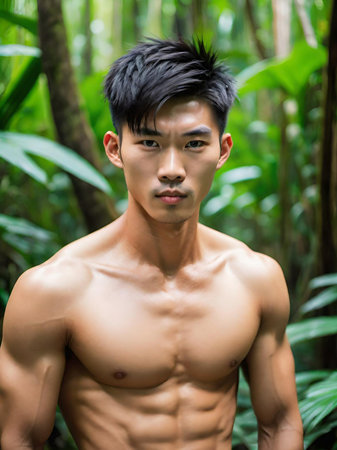 asian man doing exercises in the forestの素材