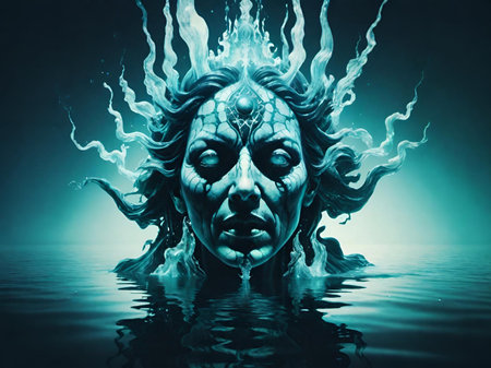 3d rendering of a scary ghost face in water with the headの素材