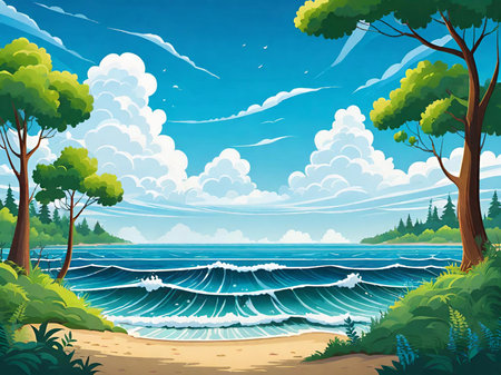 cartoon nature landscape scene with riverの素材